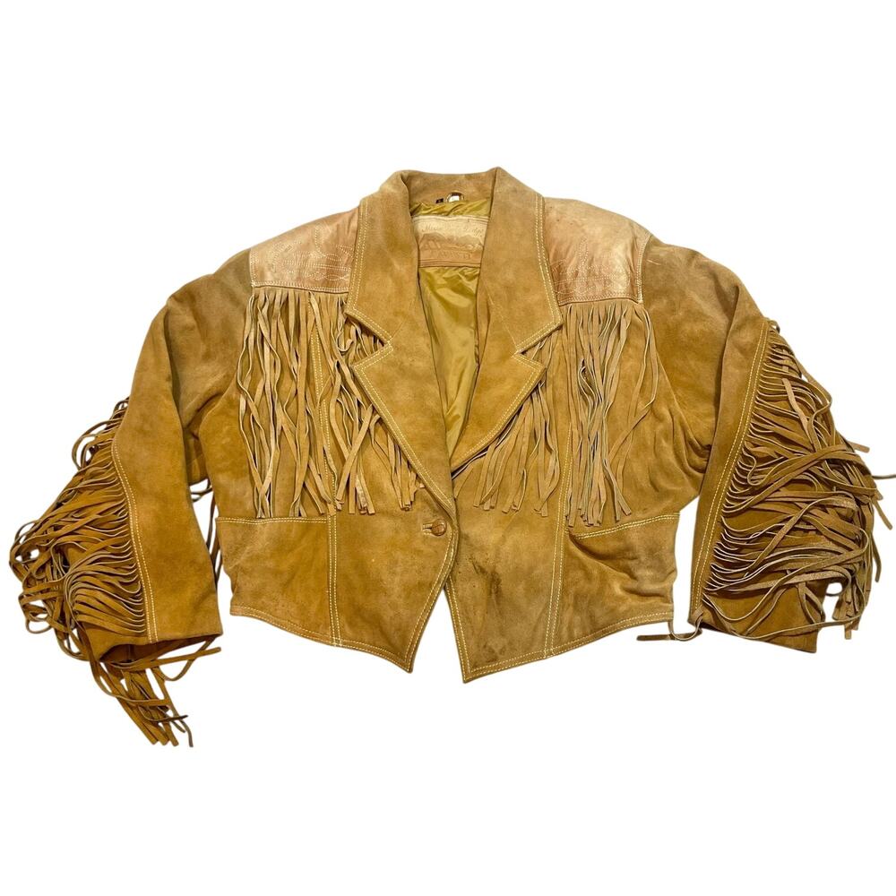 Vintage Moose Lake Lodge Avanti Suede Fringe Leather Jacket Cropped Coat Women L